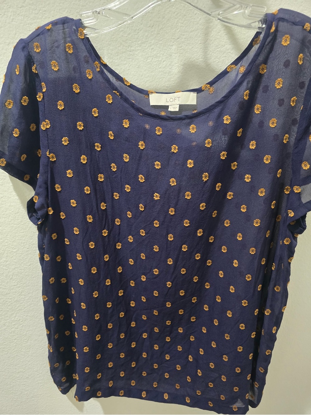 LOFT Navy Blouse with Mustard Dot Embroidery